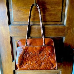 Patricia Nash Paris Large Tooled Satchel Shoulder Bag Brown Leather RETAILS $232